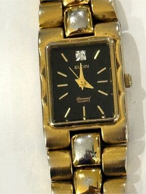 Vintage Elgin Diamond Watch Quartz Gold-tone Womens Wristwatch Black Dial